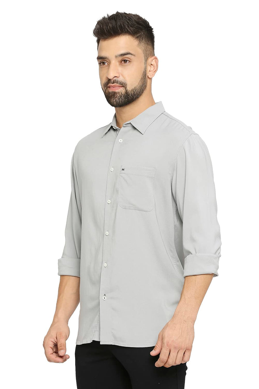 BASICS SLIM FIT GREY DRIZZLE VISCOSE POLYESTER STRETCH TWILL SHIRT