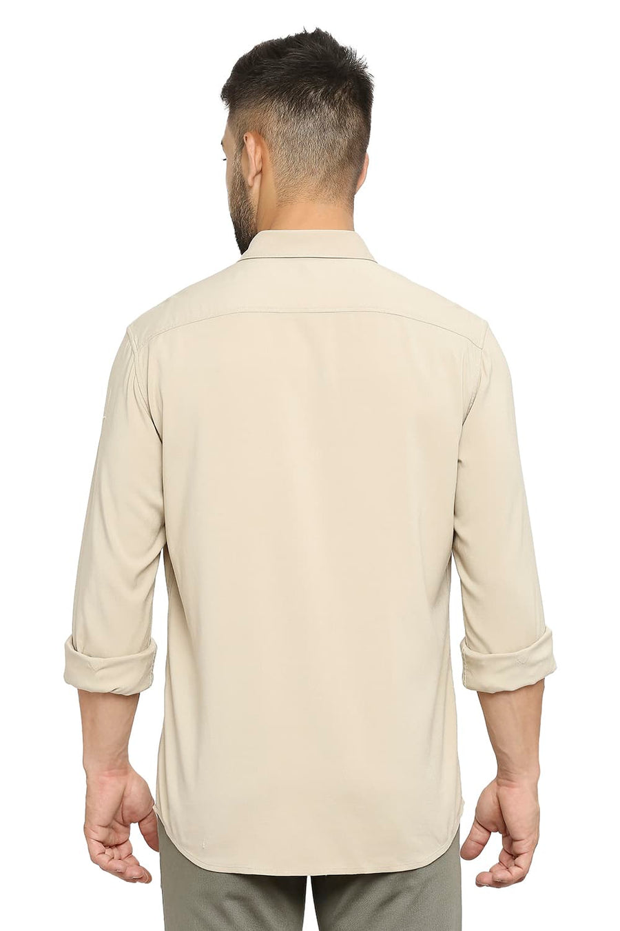 BASICS SLIM FIT TRAVERTINE BEIGE VISCOSE POLYESTER STRETCH TWILL SHIRT