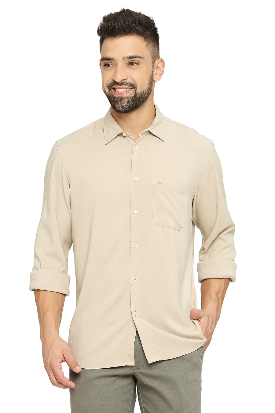 BASICS SLIM FIT TRAVERTINE BEIGE VISCOSE POLYESTER STRETCH TWILL SHIRT