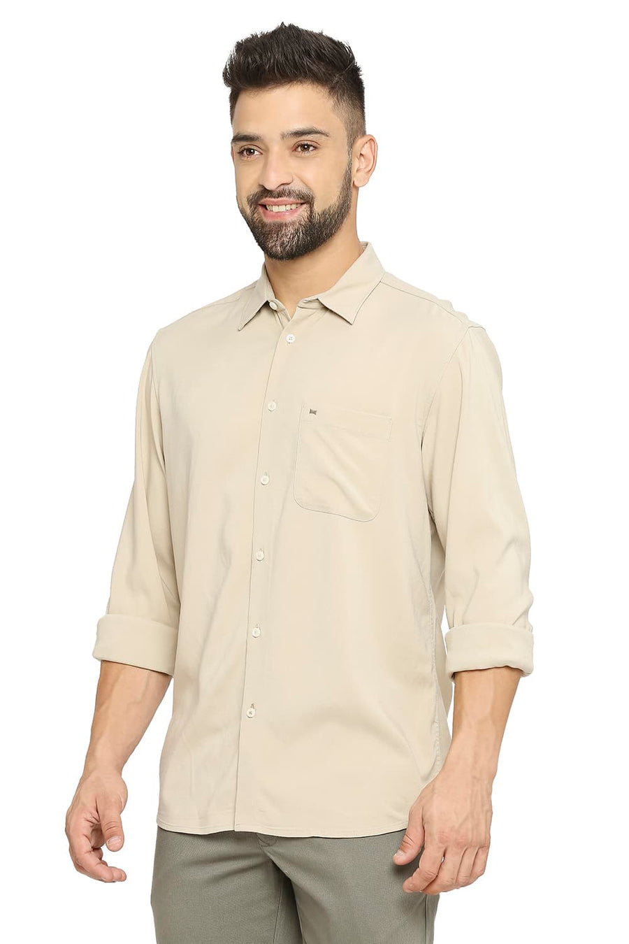 BASICS SLIM FIT TRAVERTINE BEIGE VISCOSE POLYESTER STRETCH TWILL SHIRT