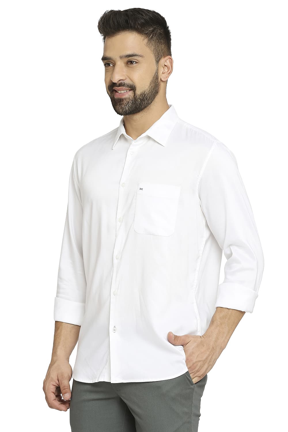 BASICS SLIM FIT VISCOSE POLYESTER STRETCH TWILL SHIRT