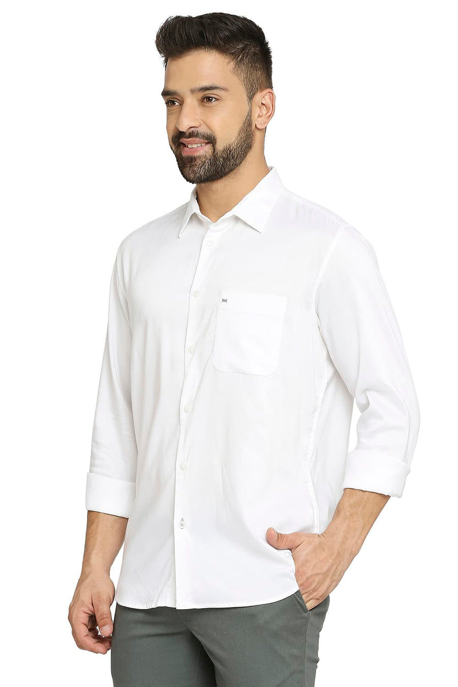BASICS SLIM FIT CLOUD WHITE VISCOSE POLYESTER STRETCH TWILL SHIRT