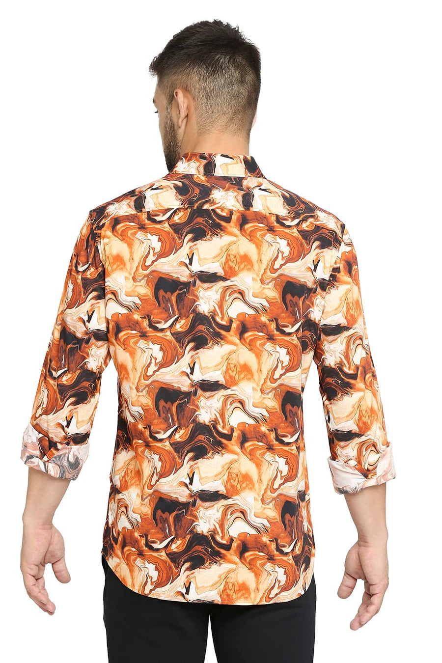 BASICS SLIM FIT PERSIMMON ORANGE COTTON VISCOSE PRINTED SHIRT