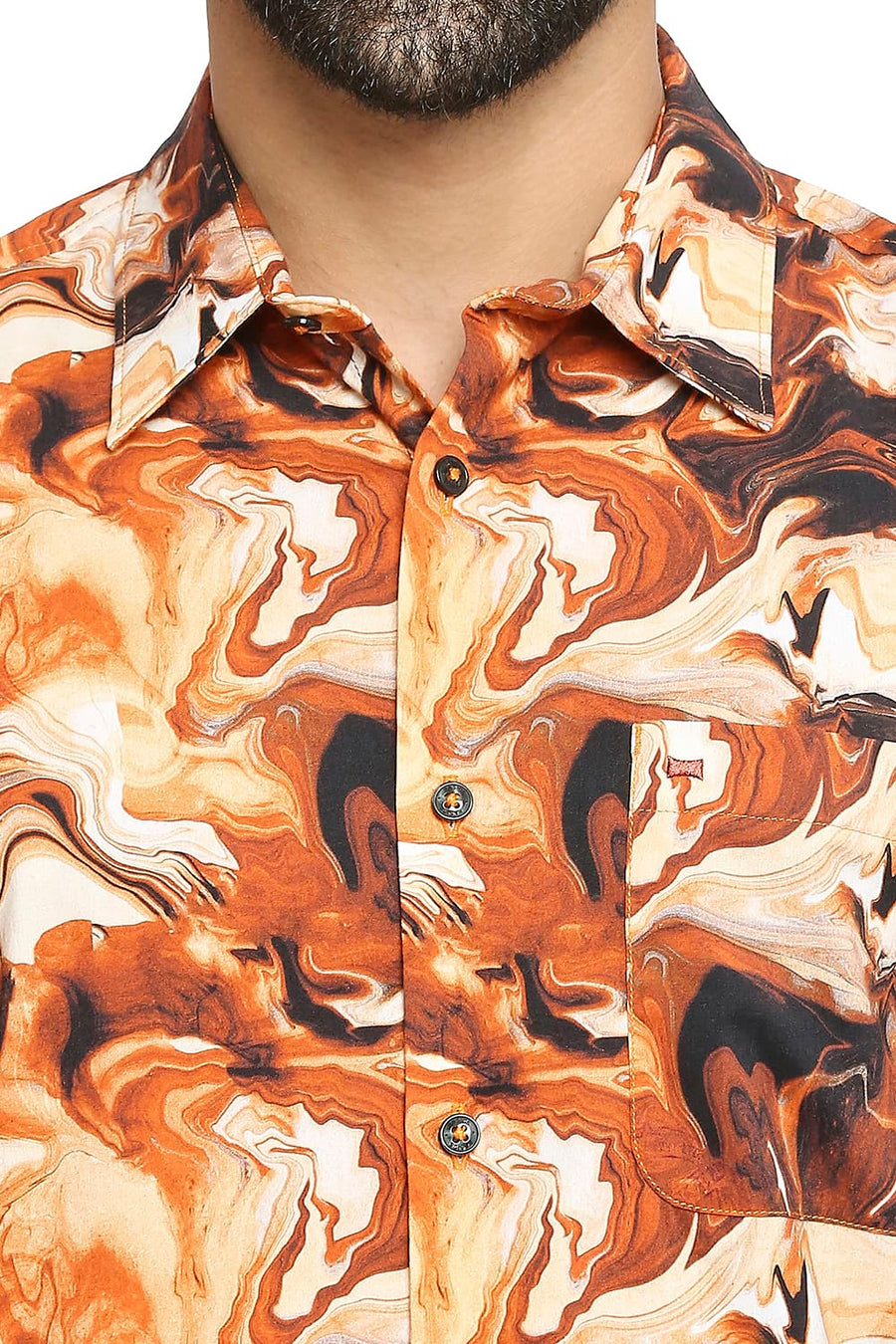BASICS SLIM FIT PERSIMMON ORANGE COTTON VISCOSE PRINTED SHIRT