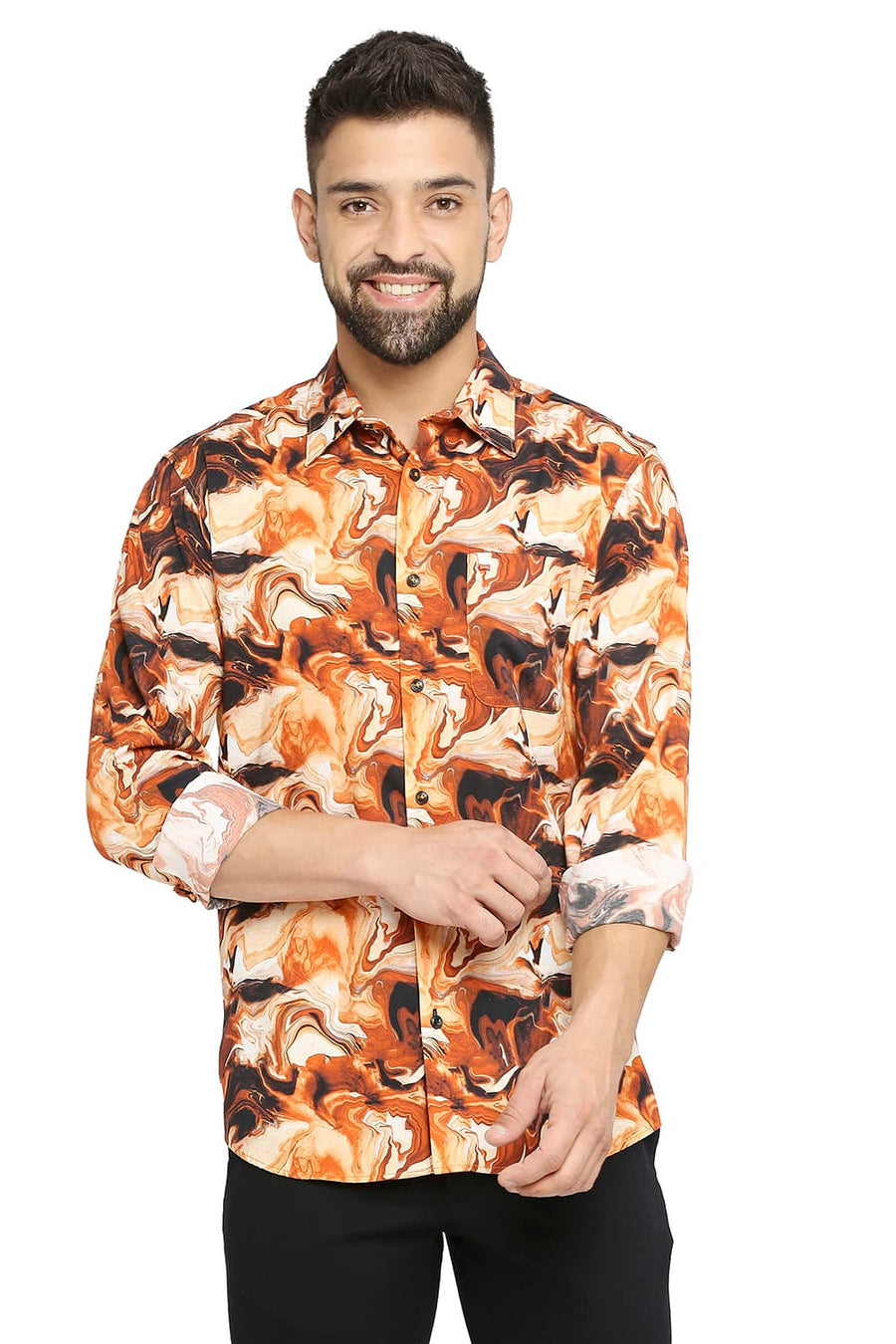 BASICS SLIM FIT PERSIMMON ORANGE COTTON VISCOSE PRINTED SHIRT