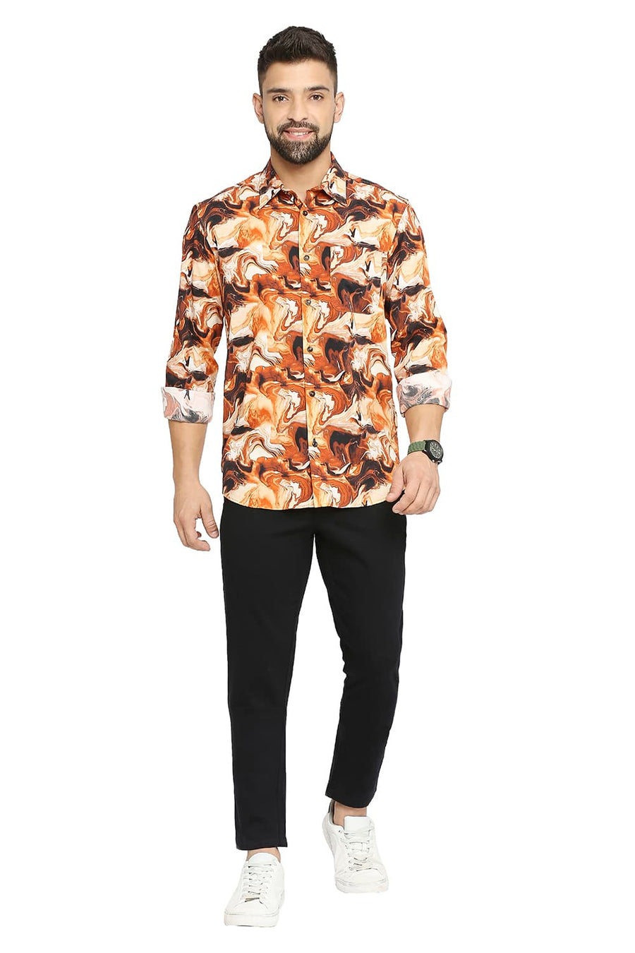 BASICS SLIM FIT PERSIMMON ORANGE COTTON VISCOSE PRINTED SHIRT