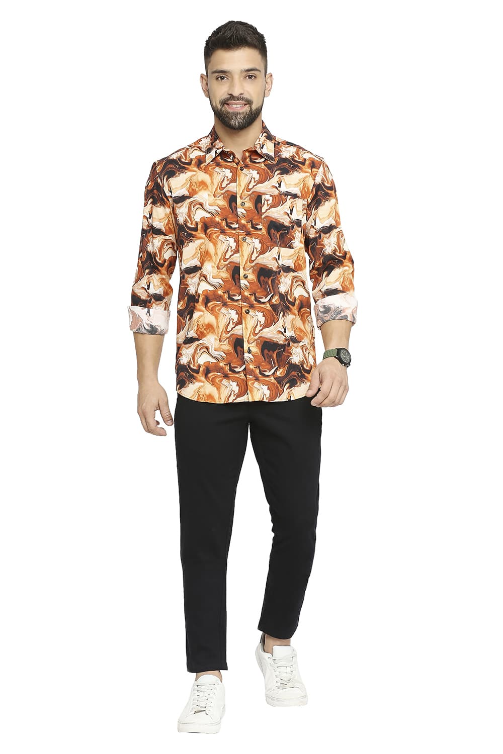 BASICS SLIM FIT COTTON VISCOSE PRINTED SHIRT