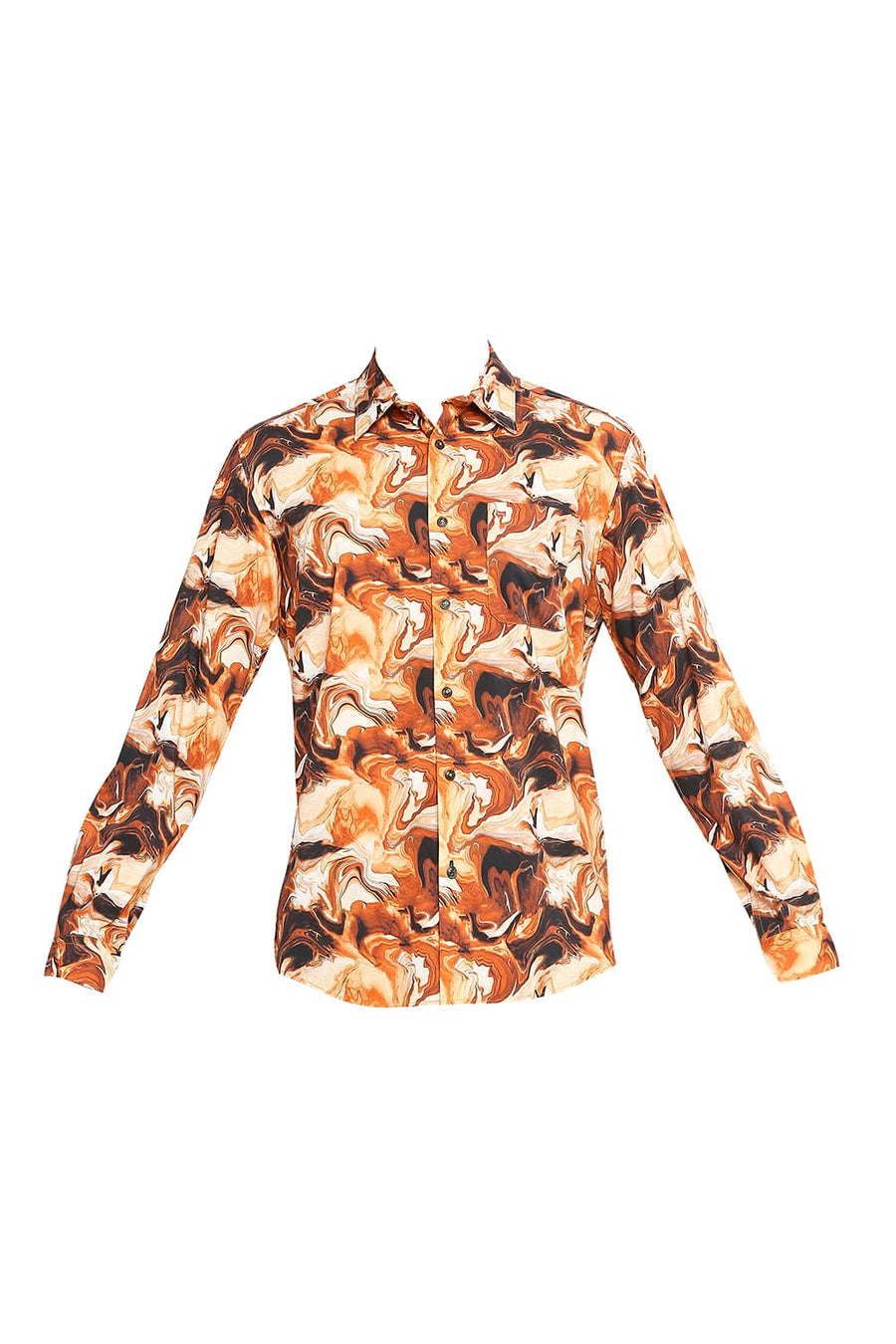 BASICS SLIM FIT PERSIMMON ORANGE COTTON VISCOSE PRINTED SHIRT