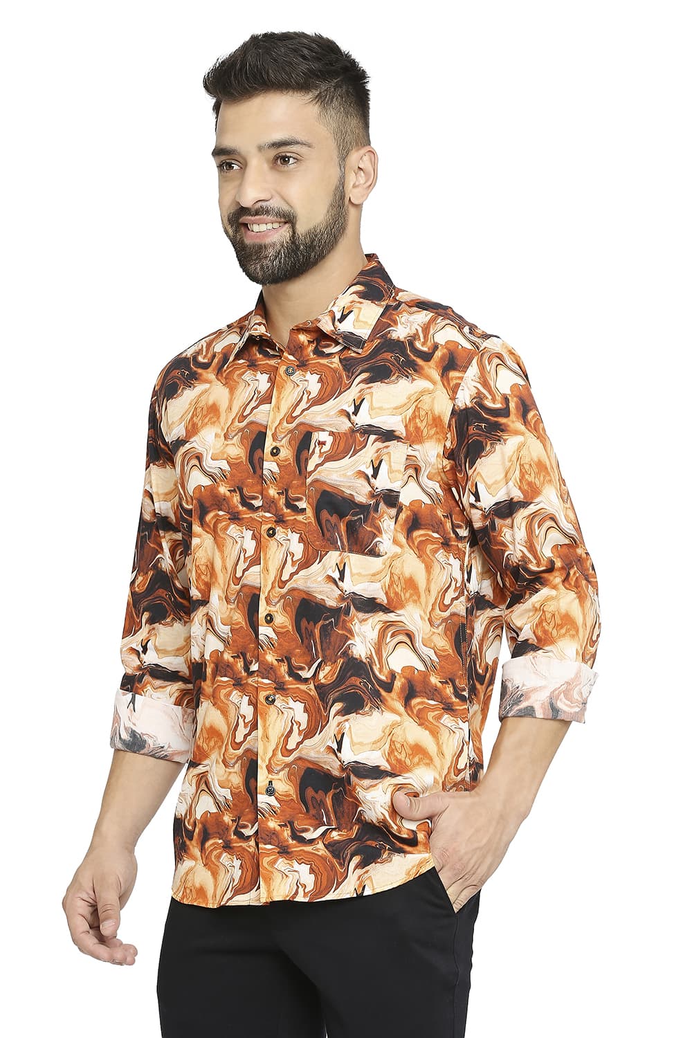 BASICS SLIM FIT COTTON VISCOSE PRINTED SHIRT