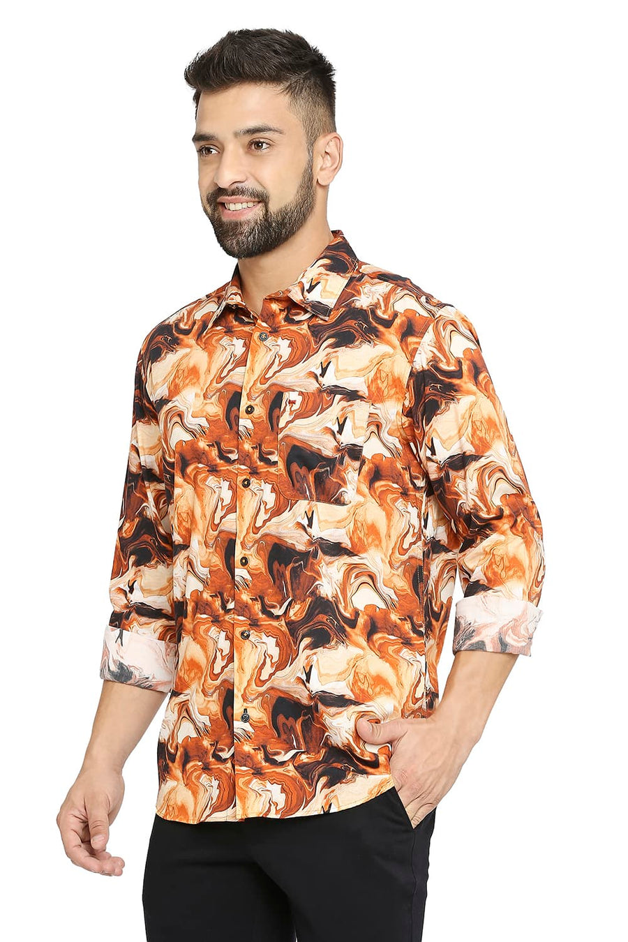 BASICS SLIM FIT PERSIMMON ORANGE COTTON VISCOSE PRINTED SHIRT