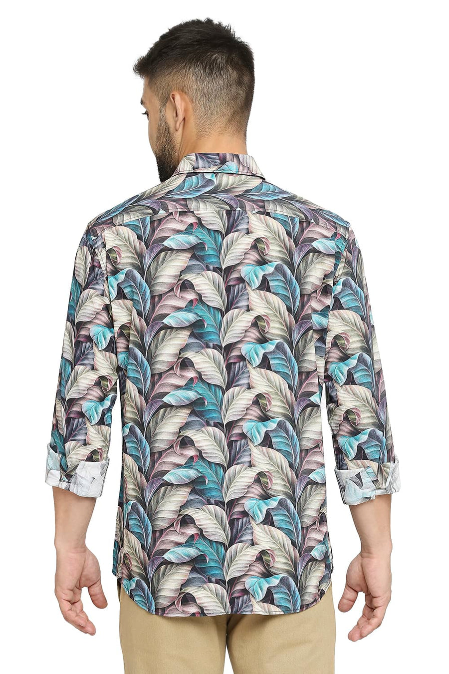 BASICS SLIM FIT ESPRESSO BROWN COTTON VISCOSE PRINTED SHIRT
