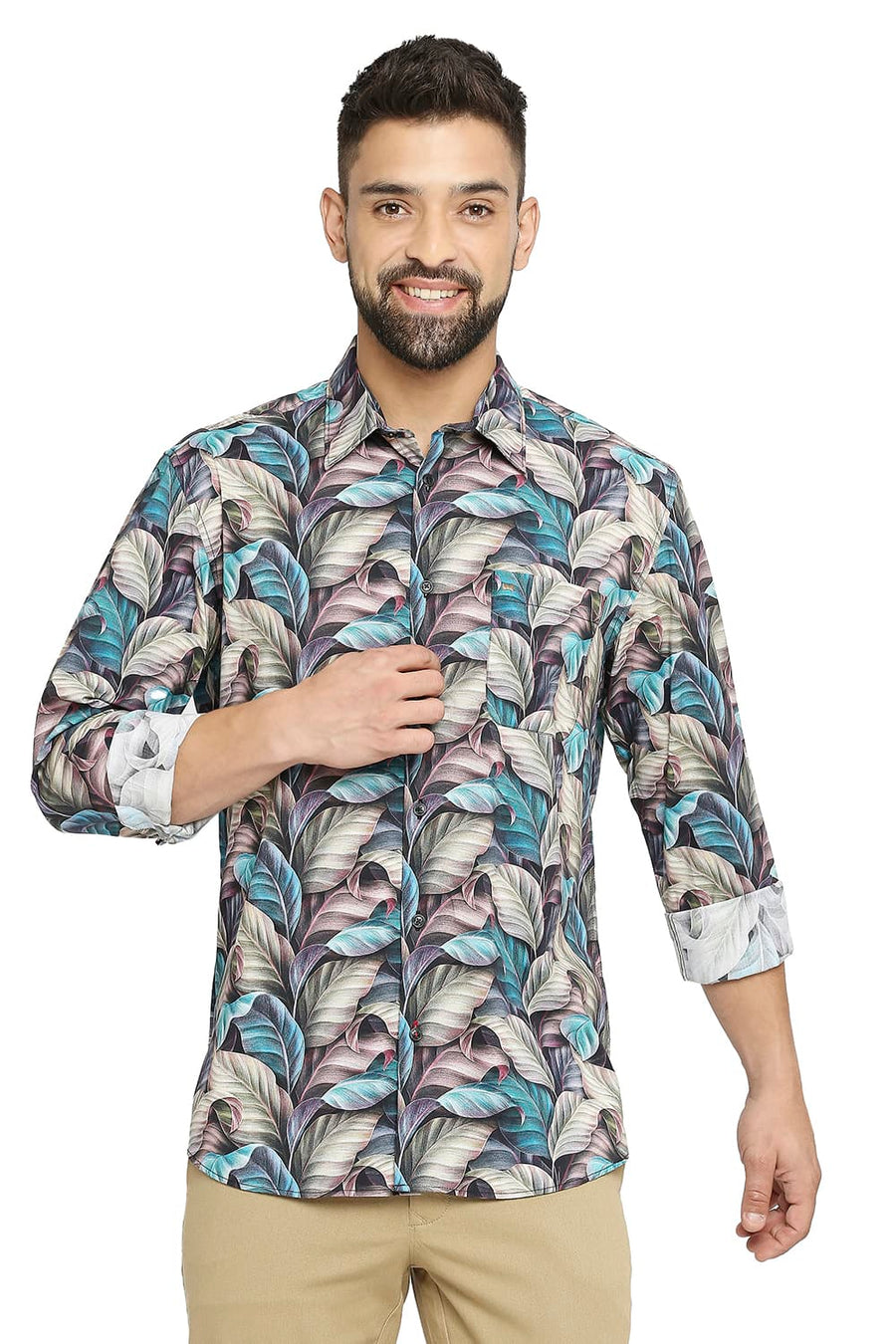 BASICS SLIM FIT ESPRESSO BROWN COTTON VISCOSE PRINTED SHIRT