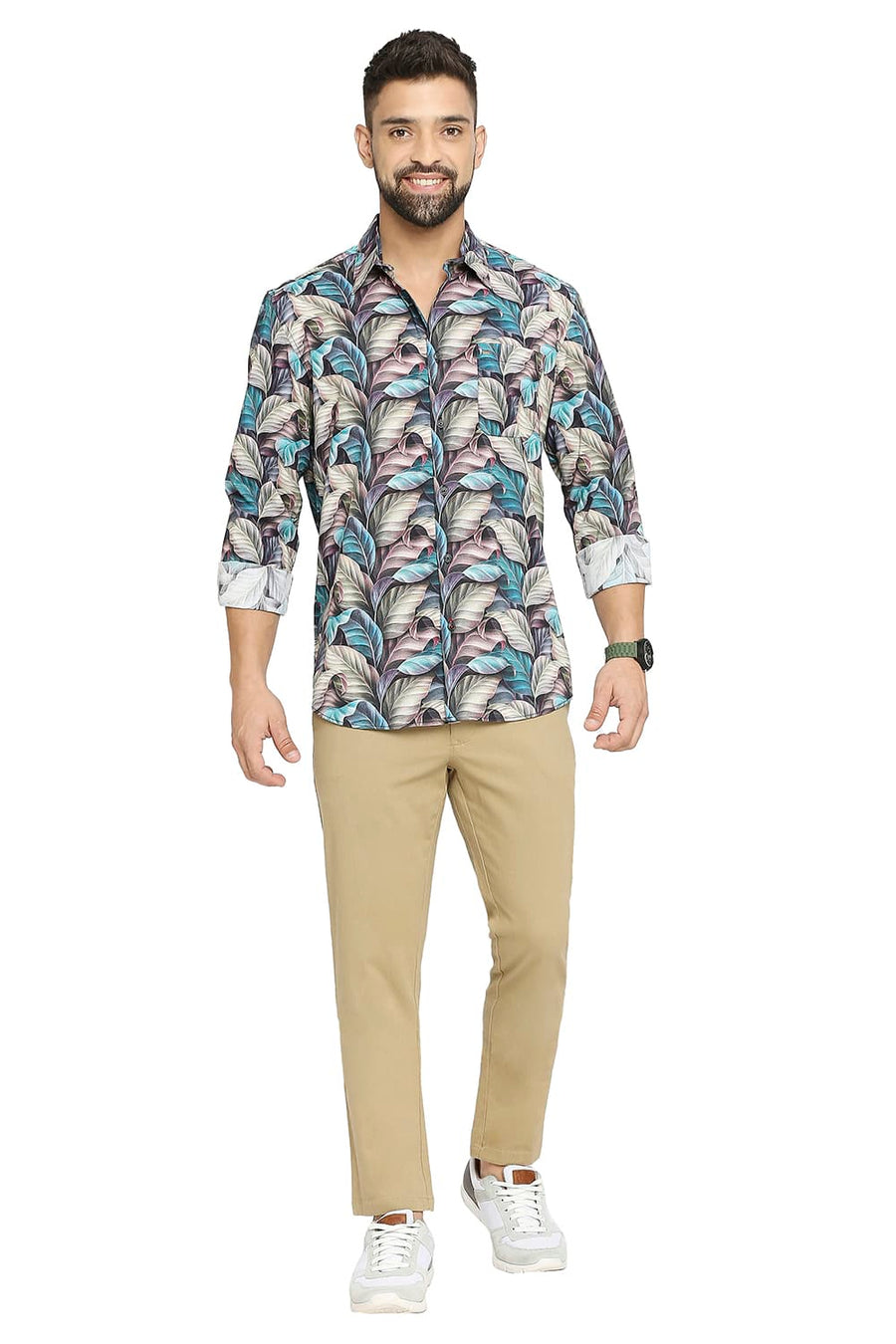 BASICS SLIM FIT ESPRESSO BROWN COTTON VISCOSE PRINTED SHIRT