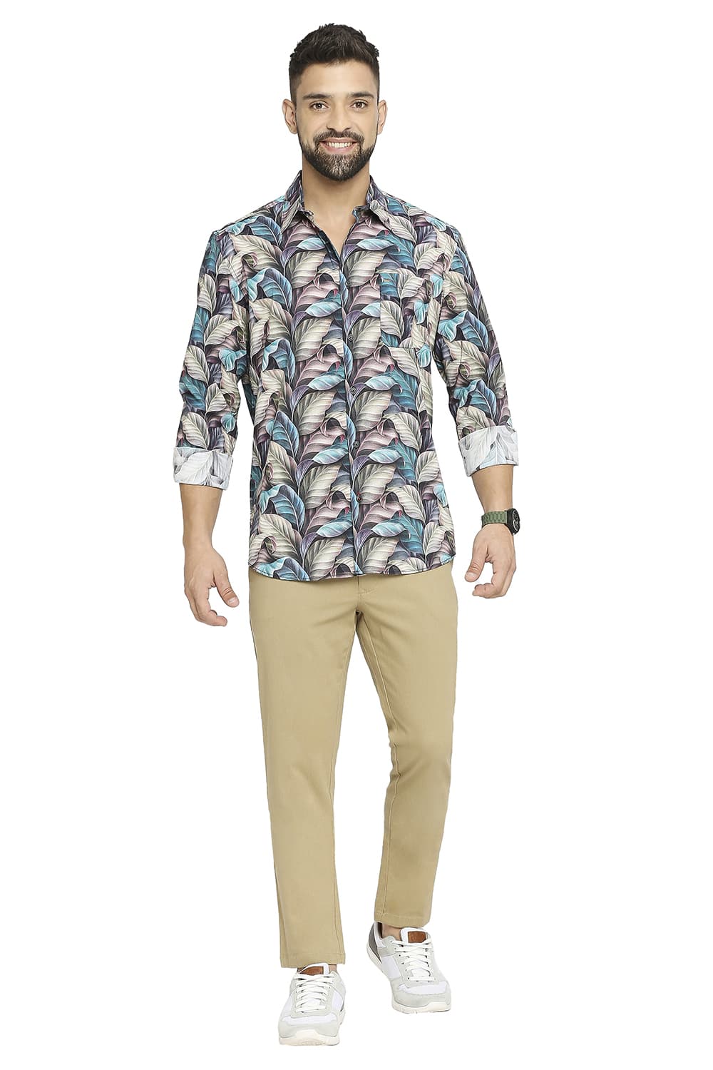 BASICS SLIM FIT COTTON VISCOSE PRINTED SHIRT