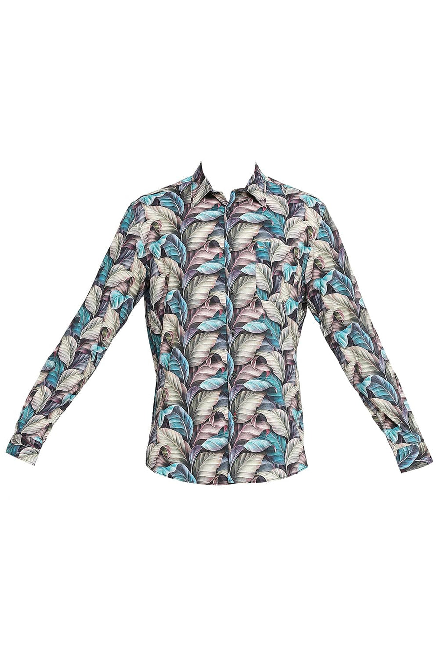 BASICS SLIM FIT ESPRESSO BROWN COTTON VISCOSE PRINTED SHIRT