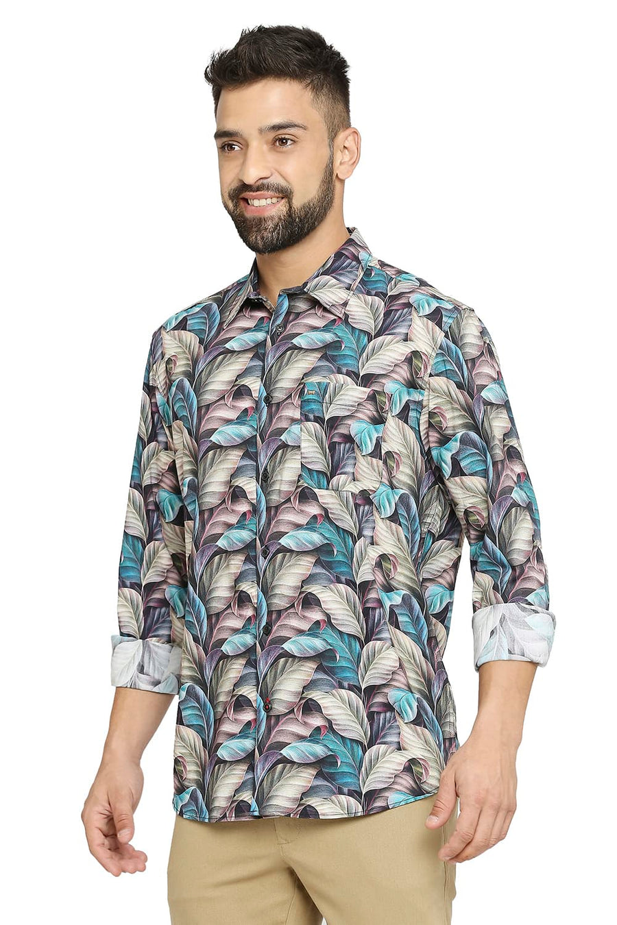 BASICS SLIM FIT ESPRESSO BROWN COTTON VISCOSE PRINTED SHIRT
