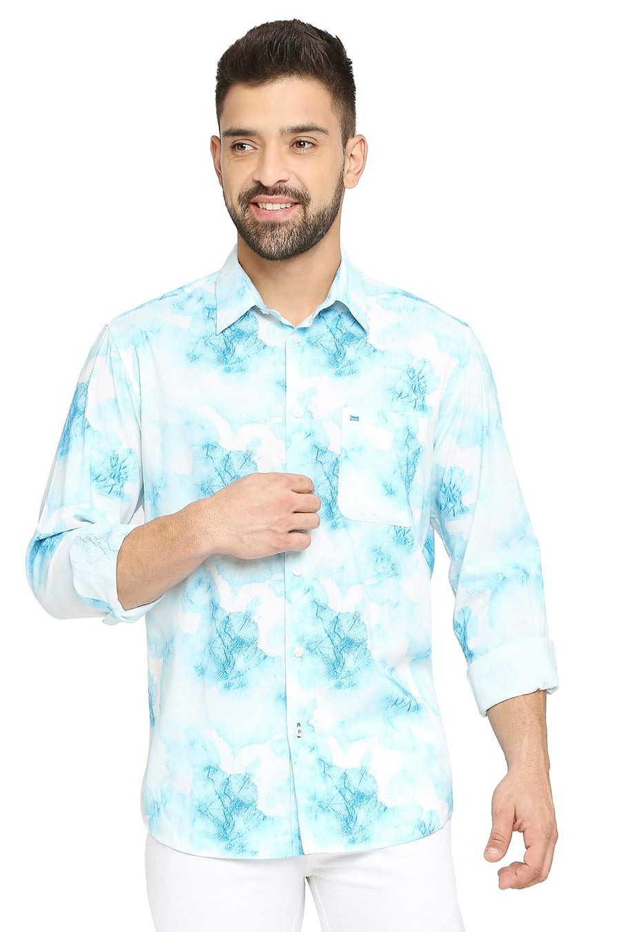 BASICS SLIM FIT BLUE GLOW COTTON VISCOSE PRINTED SHIRT