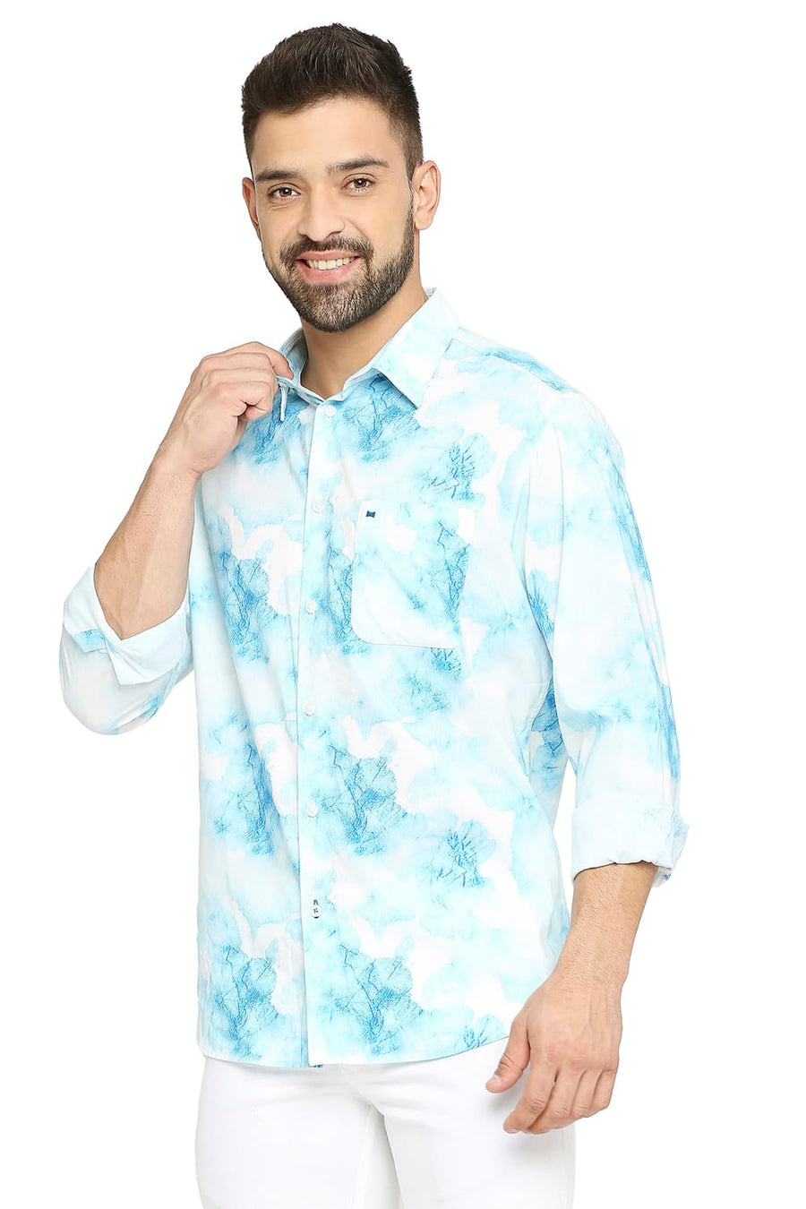 BASICS SLIM FIT BLUE GLOW COTTON VISCOSE PRINTED SHIRT