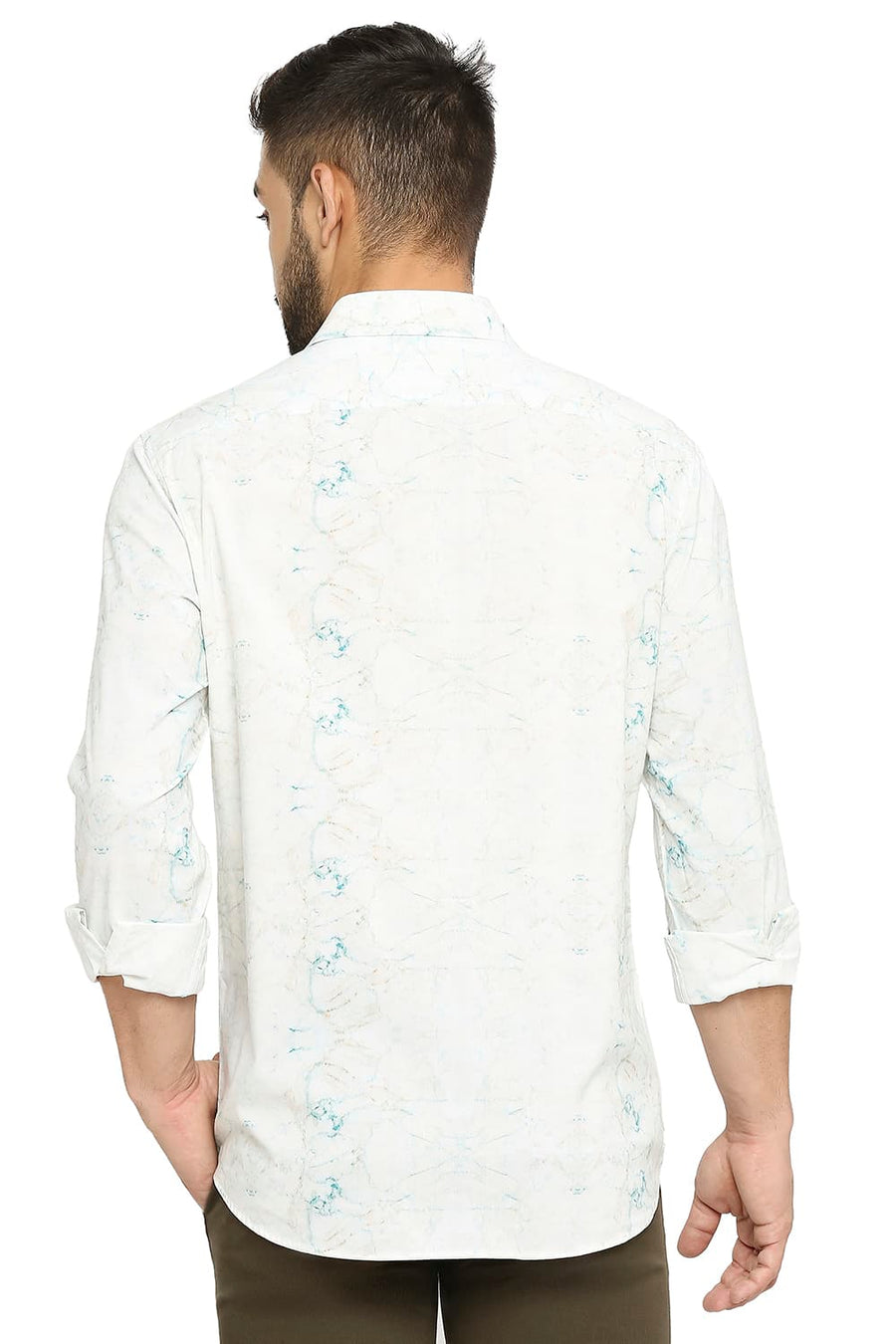 BASICS SLIM FIT TAOS BEIGE COTTON VISCOSE PRINTED SHIRT