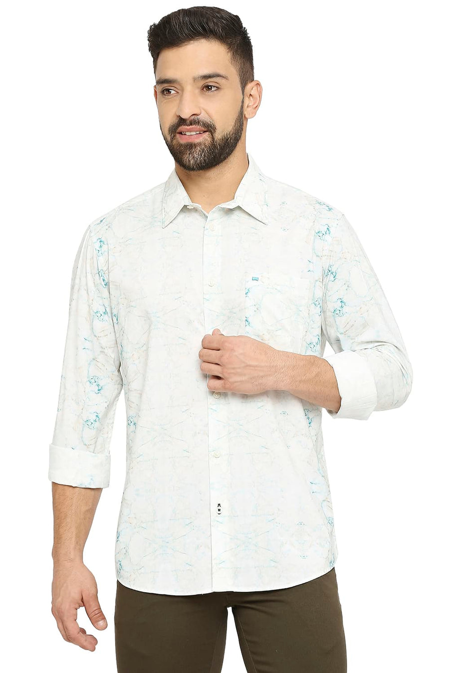 BASICS SLIM FIT TAOS BEIGE COTTON VISCOSE PRINTED SHIRT