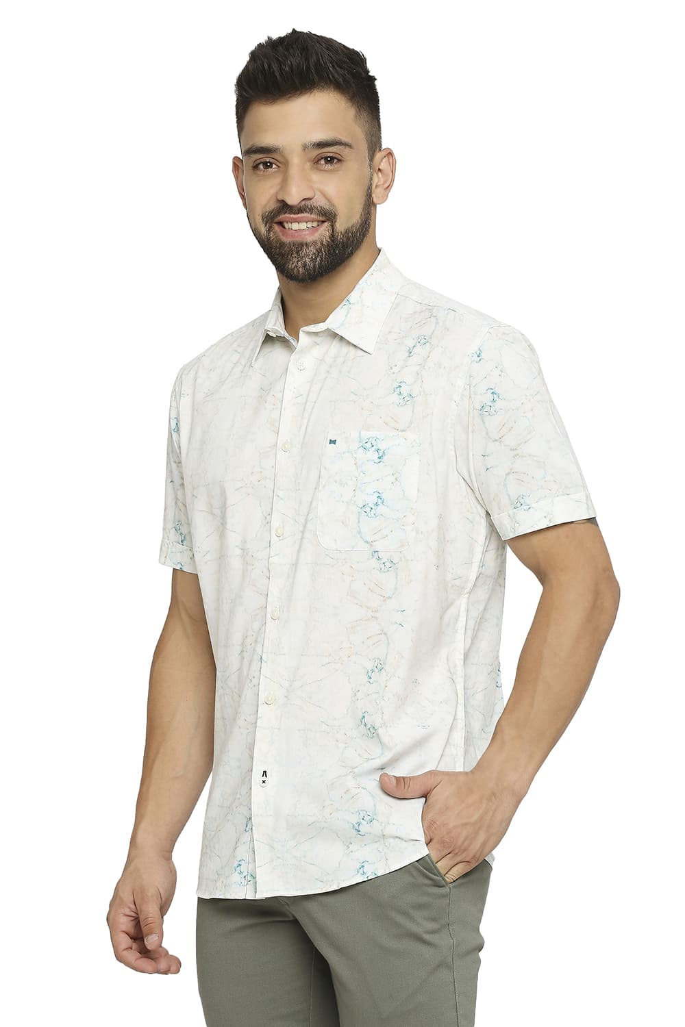 BASICS SLIM FIT COTTON VISCOSE PRINTED HALFSLEEVES SHIRT