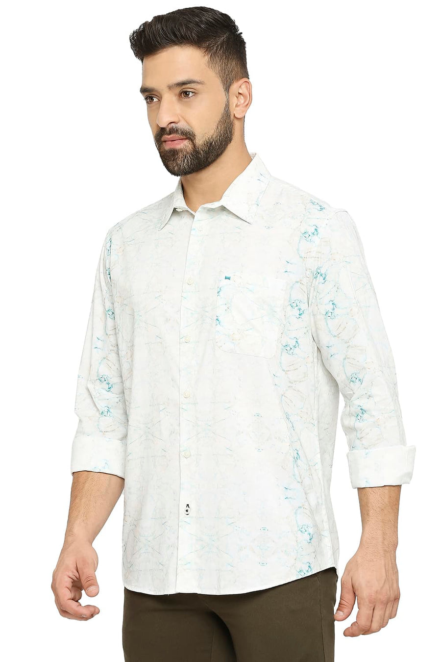 BASICS SLIM FIT TAOS BEIGE COTTON VISCOSE PRINTED SHIRT