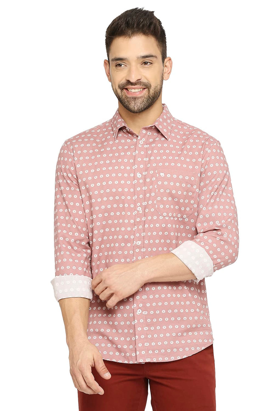 BASICS SLIM FIT CAMEO PINK COTTON DOBBY PRINTED SHIRT