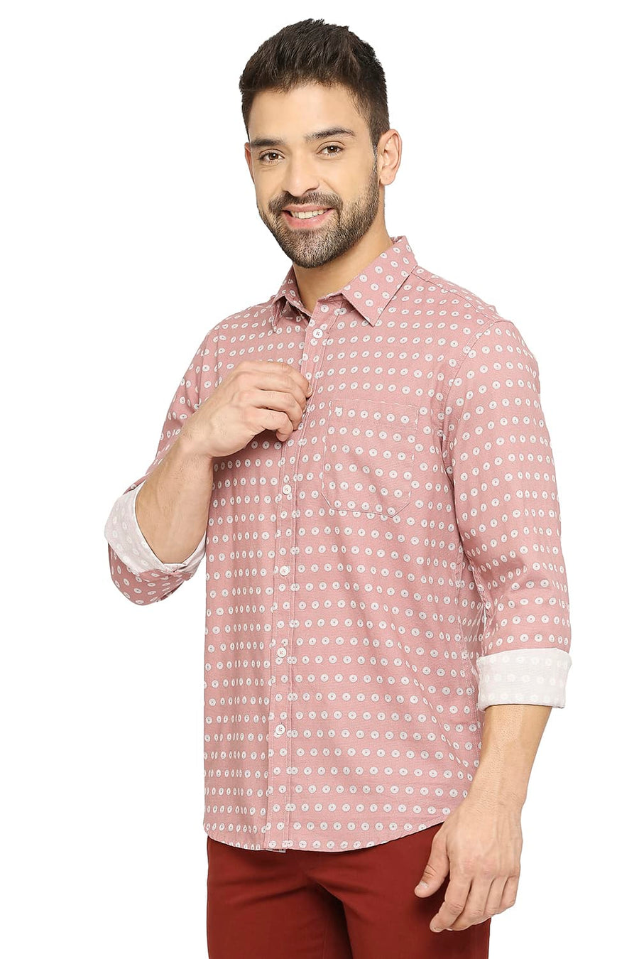 BASICS SLIM FIT CAMEO PINK COTTON DOBBY PRINTED SHIRT