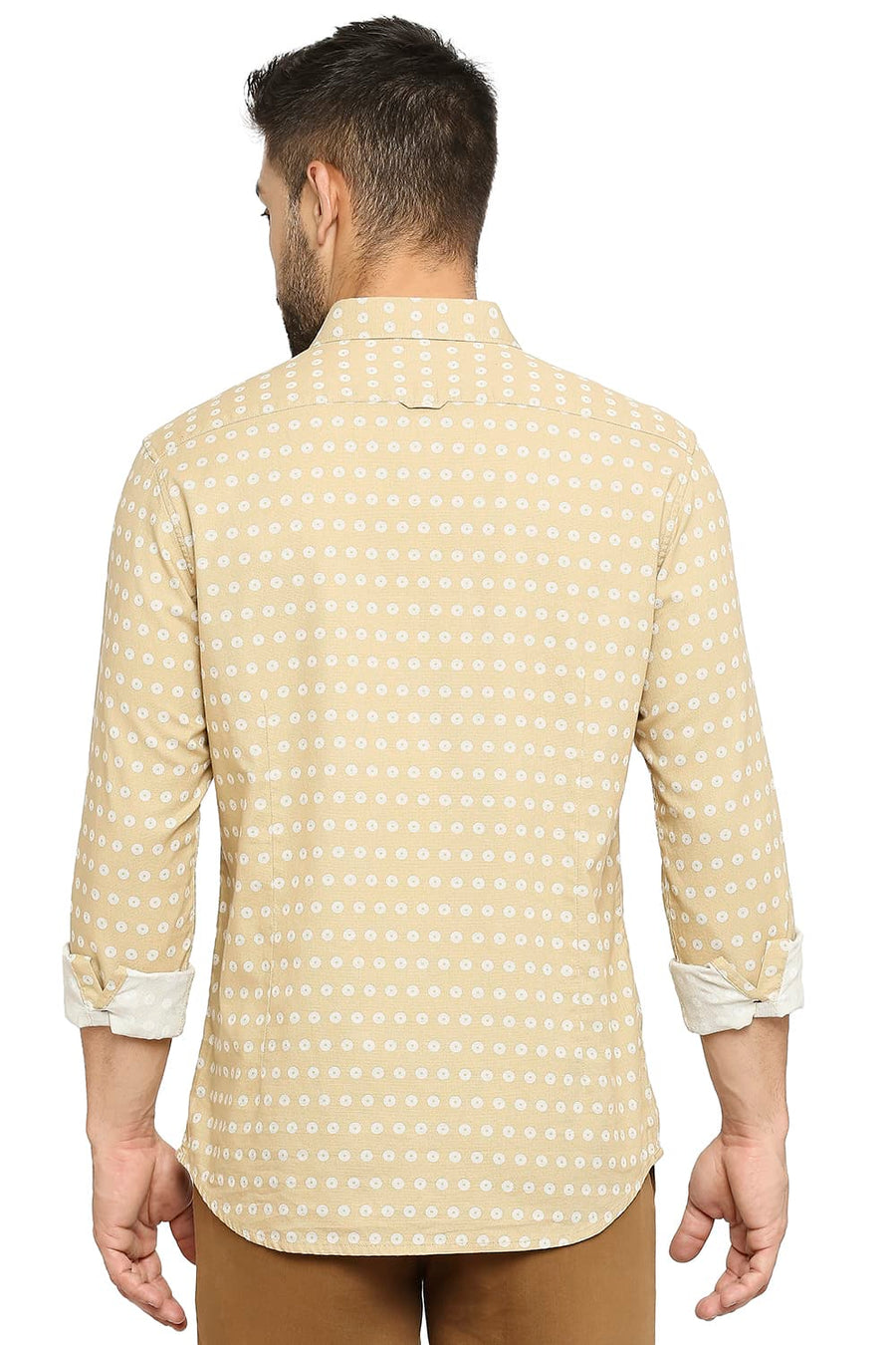 BASICS SLIM FIT CURRY BEIGE COTTON DOBBY PRINTED SHIRT