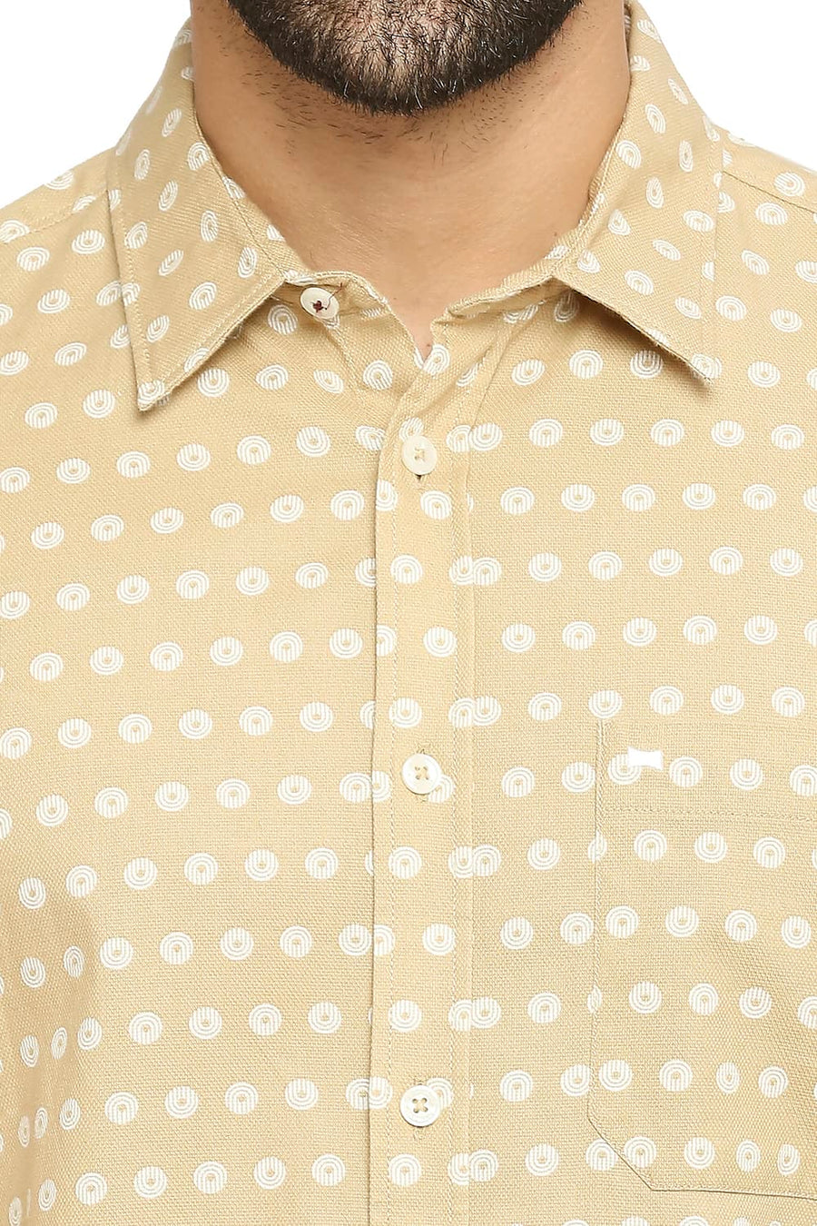 BASICS SLIM FIT CURRY BEIGE COTTON DOBBY PRINTED SHIRT