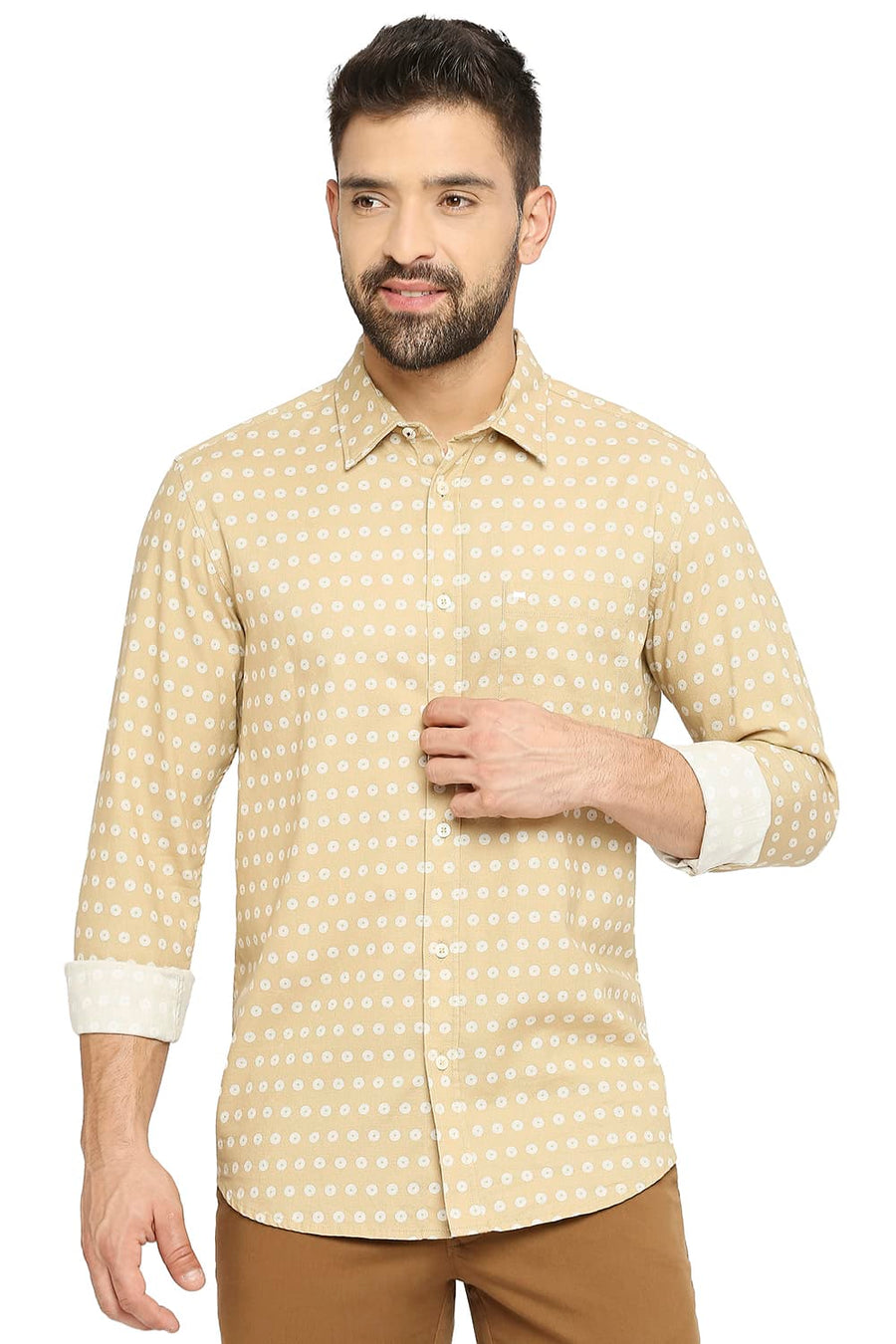BASICS SLIM FIT CURRY BEIGE COTTON DOBBY PRINTED SHIRT