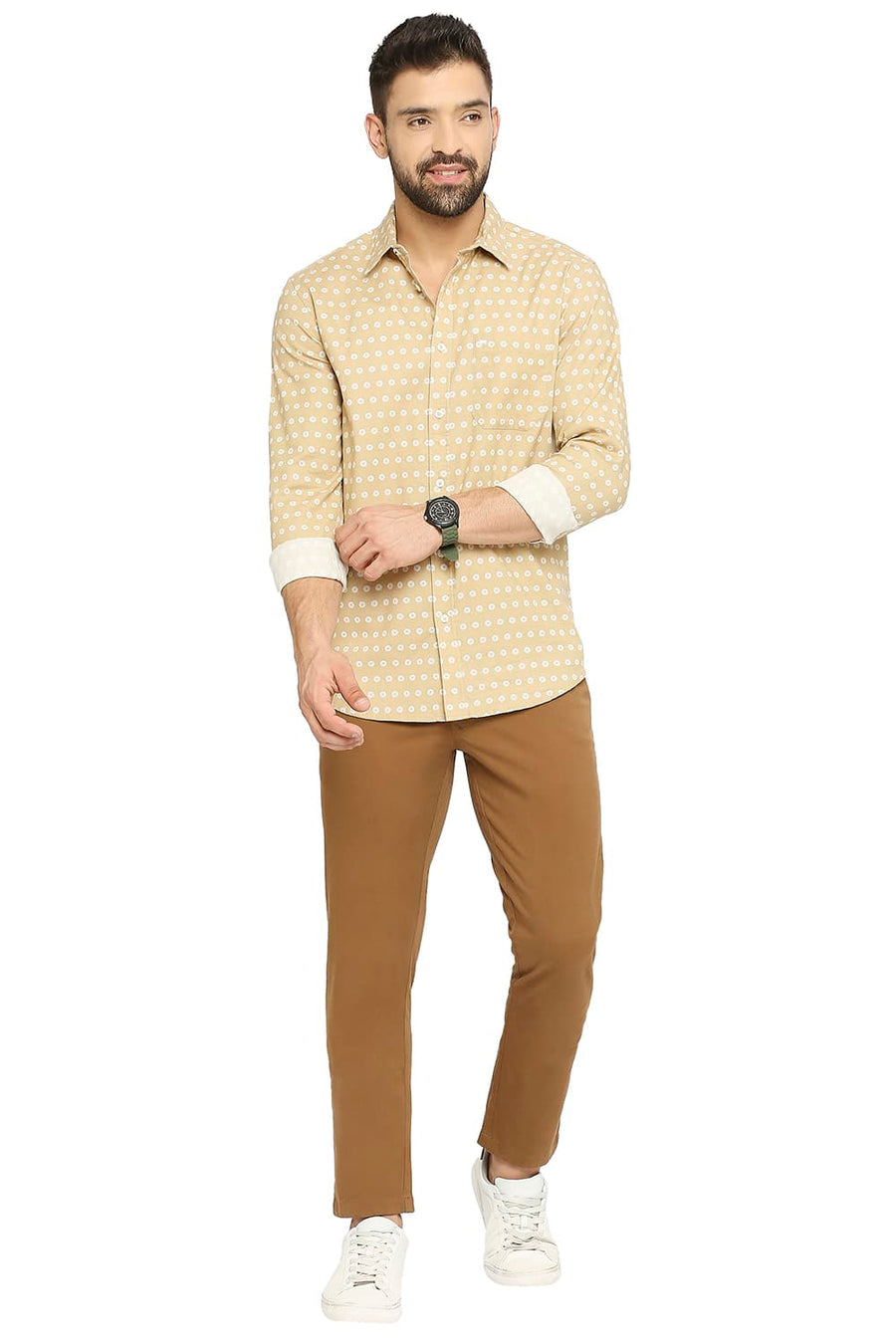 BASICS SLIM FIT CURRY BEIGE COTTON DOBBY PRINTED SHIRT