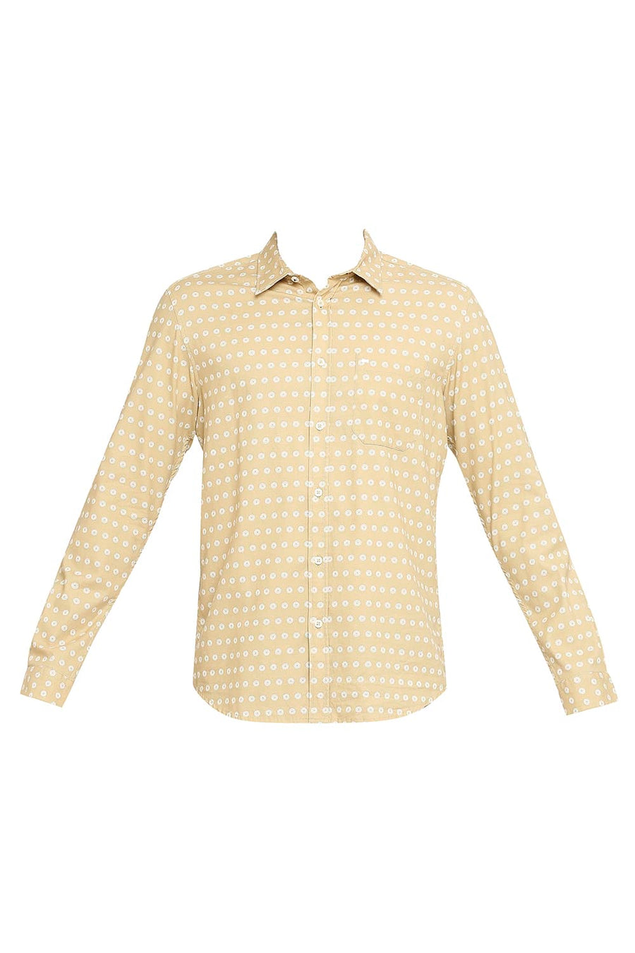 BASICS SLIM FIT CURRY BEIGE COTTON DOBBY PRINTED SHIRT