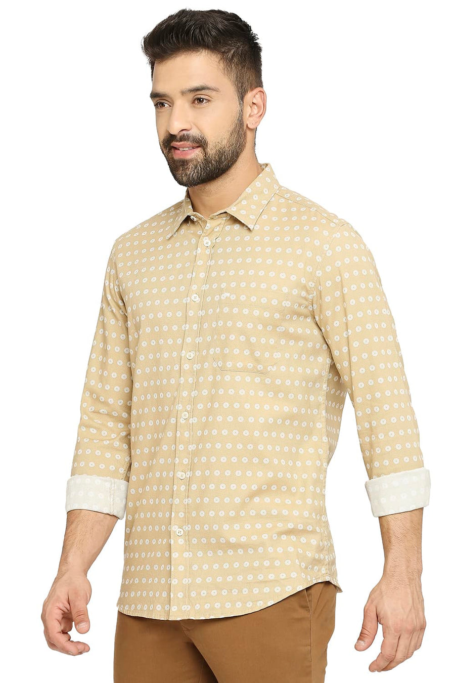 BASICS SLIM FIT CURRY BEIGE COTTON DOBBY PRINTED SHIRT