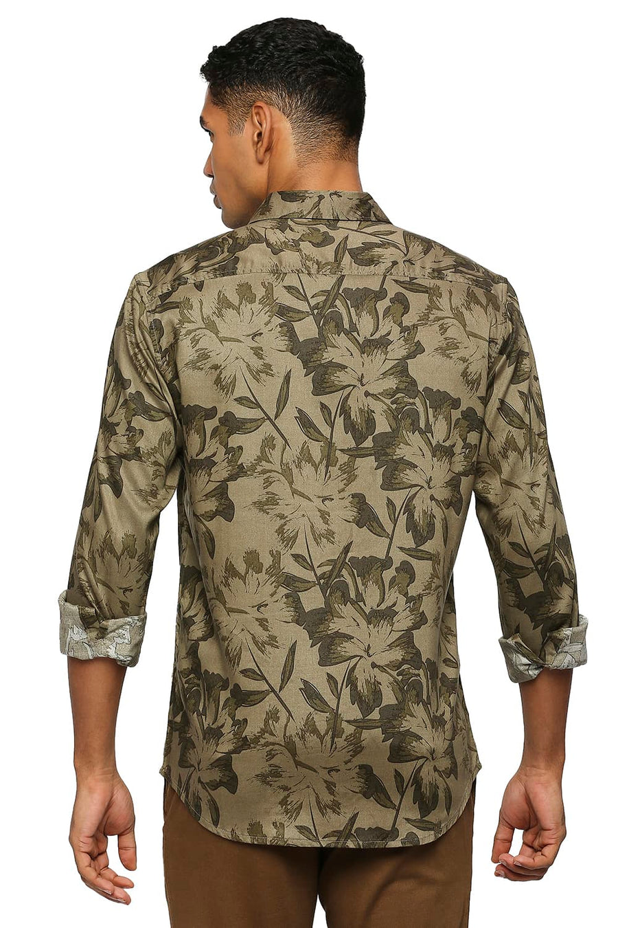 BASICS SLIM FIT COVERT OLIVE TENCEL PRINTED SHIRT