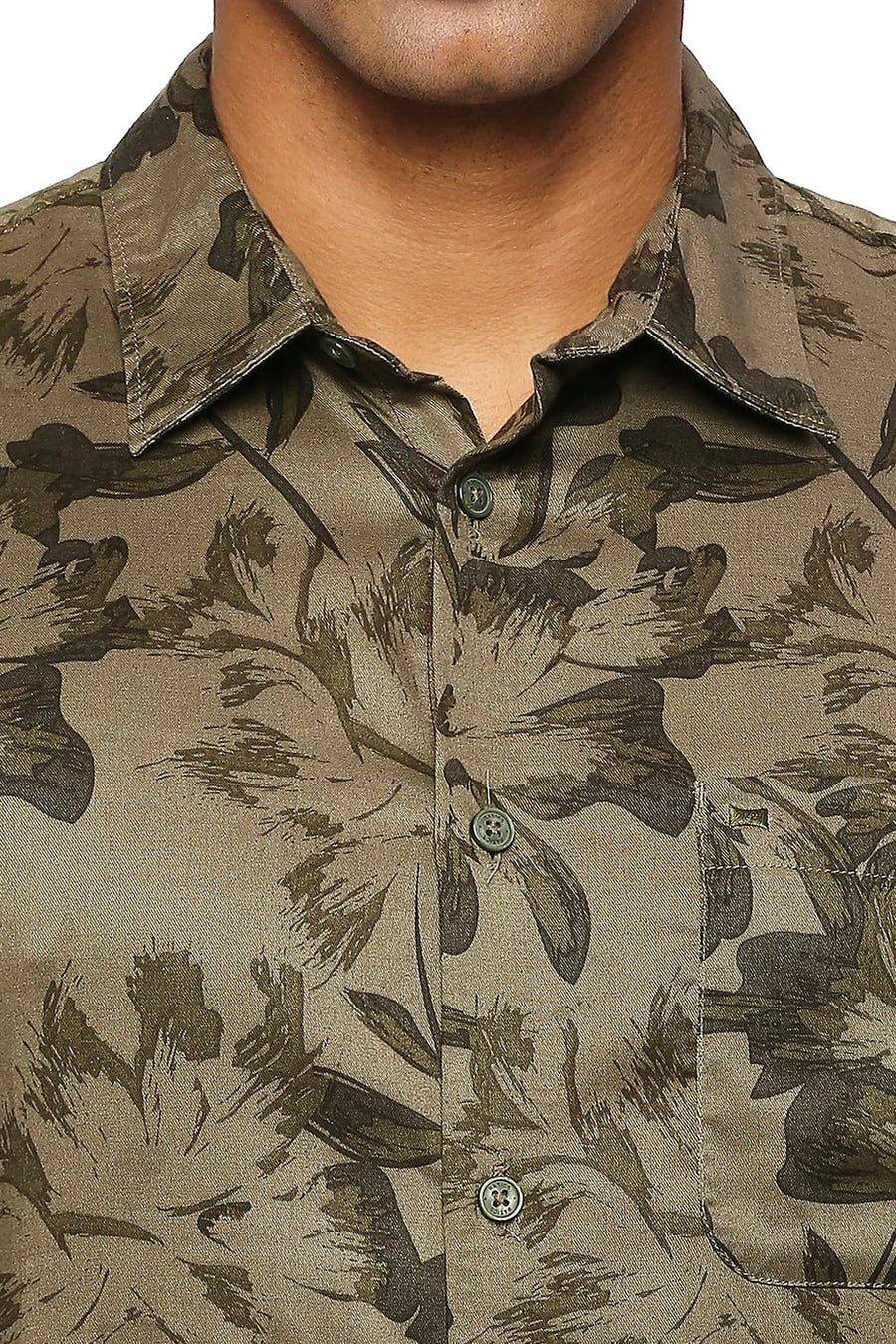 BASICS SLIM FIT COVERT OLIVE TENCEL PRINTED SHIRT