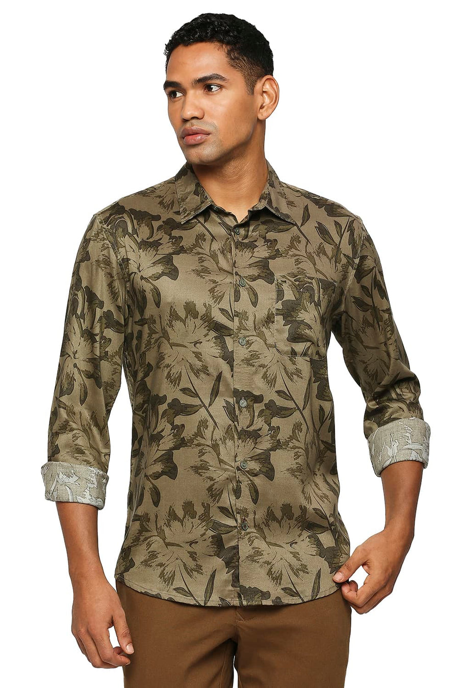 BASICS SLIM FIT COVERT OLIVE TENCEL PRINTED SHIRT