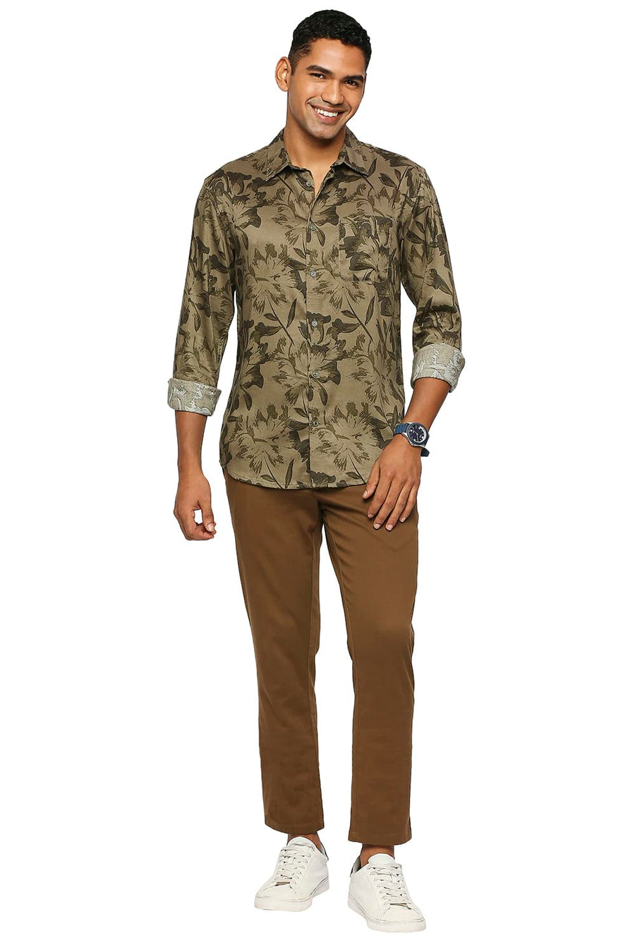 BASICS SLIM FIT COVERT OLIVE TENCEL PRINTED SHIRT