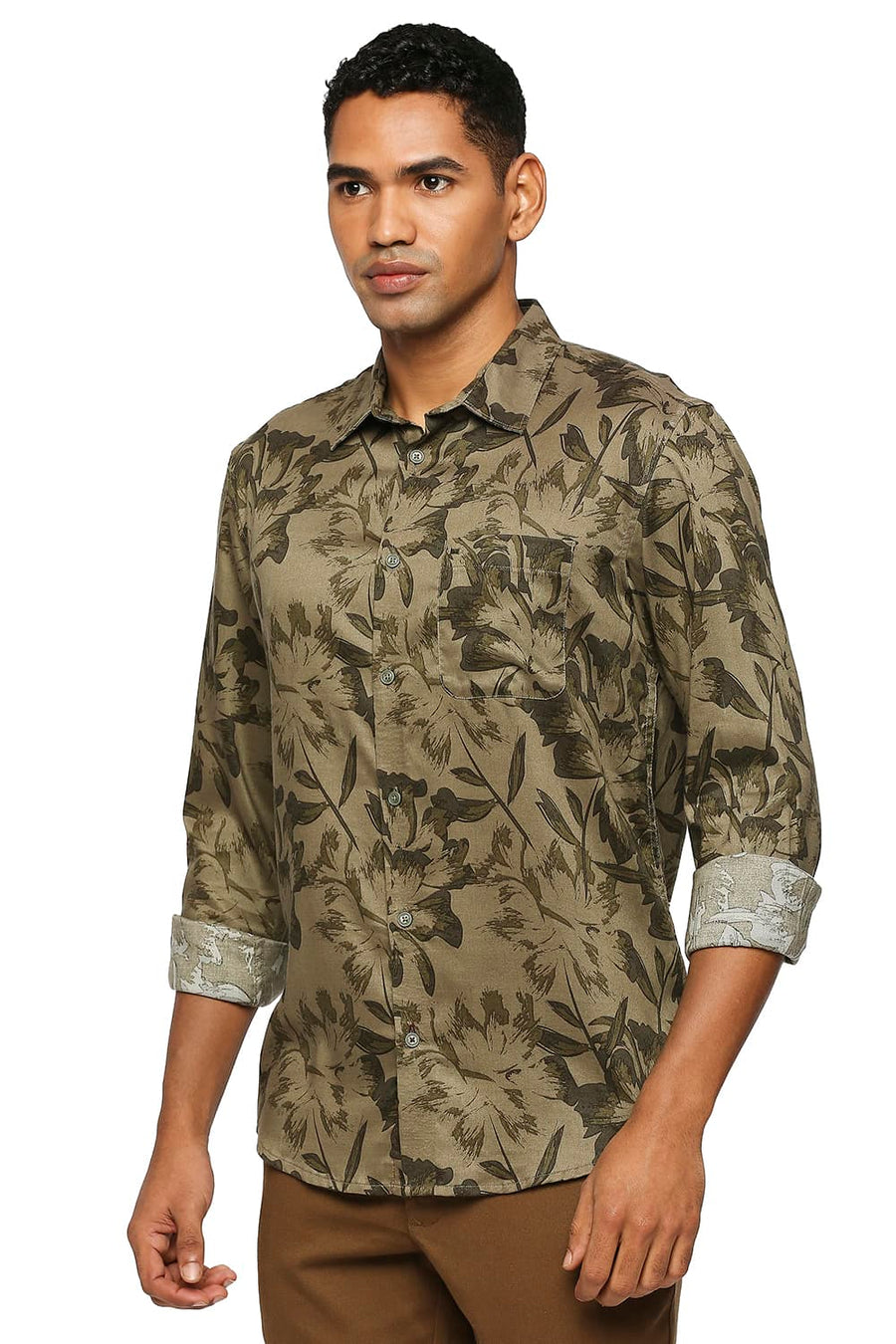 BASICS SLIM FIT COVERT OLIVE TENCEL PRINTED SHIRT