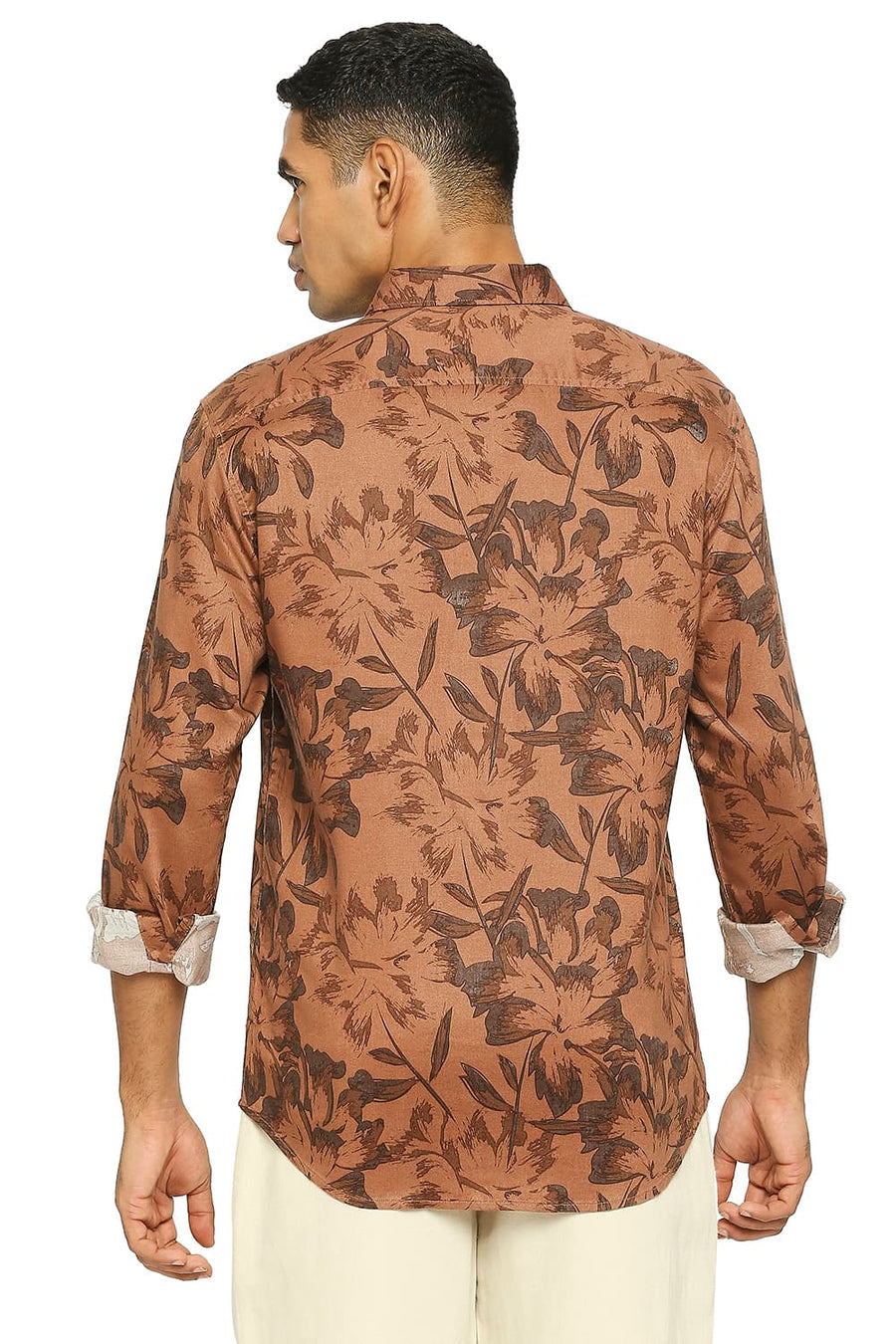 BASICS SLIM FIT RISTIC BROWN TENCEL PRINTED SHIRT