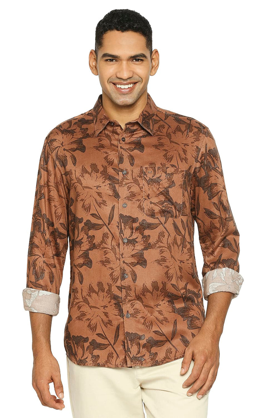 BASICS SLIM FIT RISTIC BROWN TENCEL PRINTED SHIRT