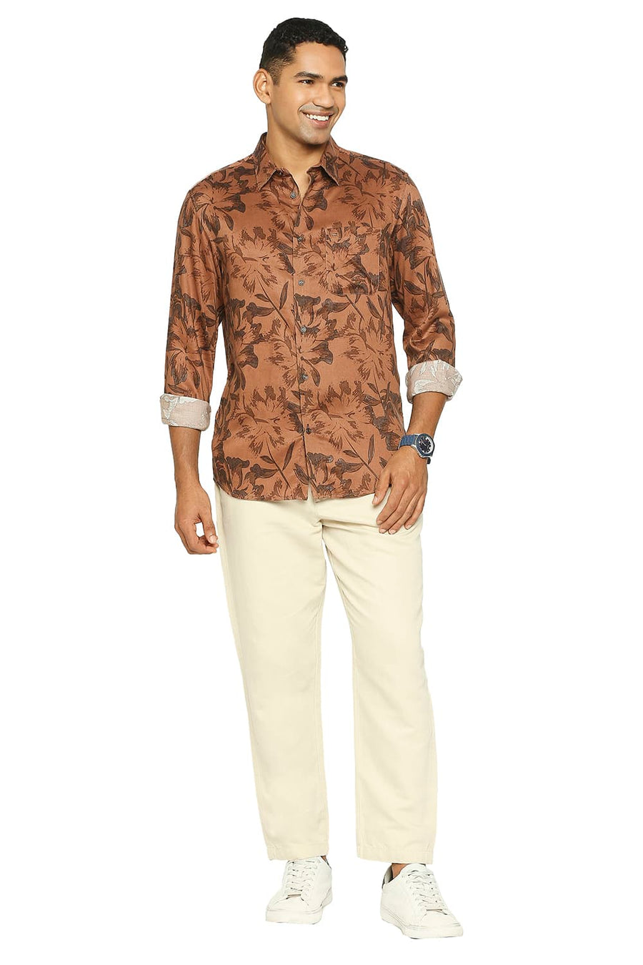 BASICS SLIM FIT RISTIC BROWN TENCEL PRINTED SHIRT