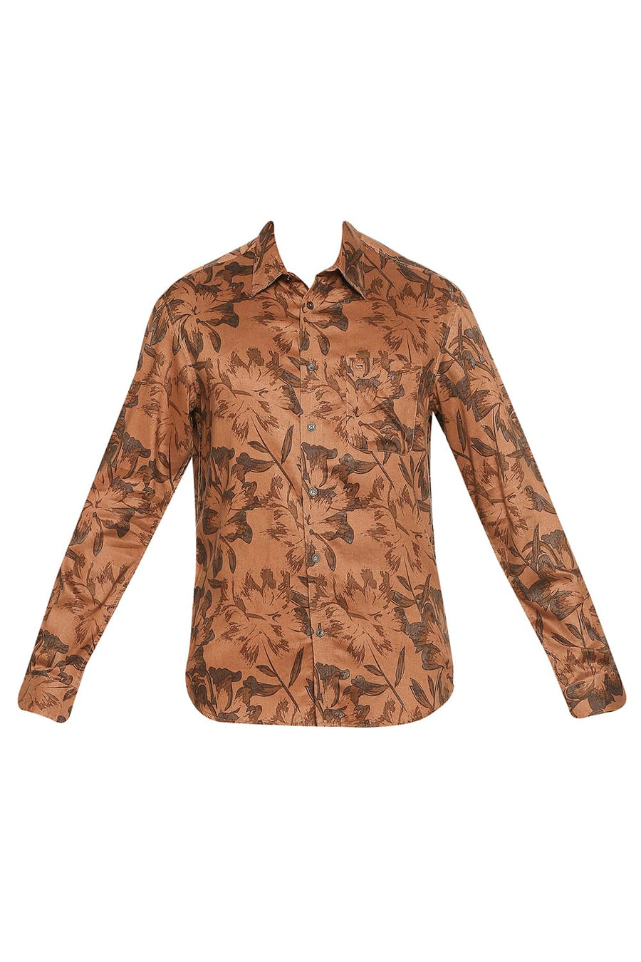 BASICS SLIM FIT RISTIC BROWN TENCEL PRINTED SHIRT