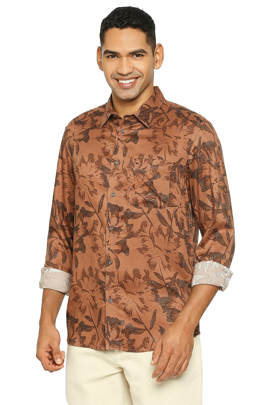 BASICS SLIM FIT RISTIC BROWN TENCEL PRINTED SHIRT