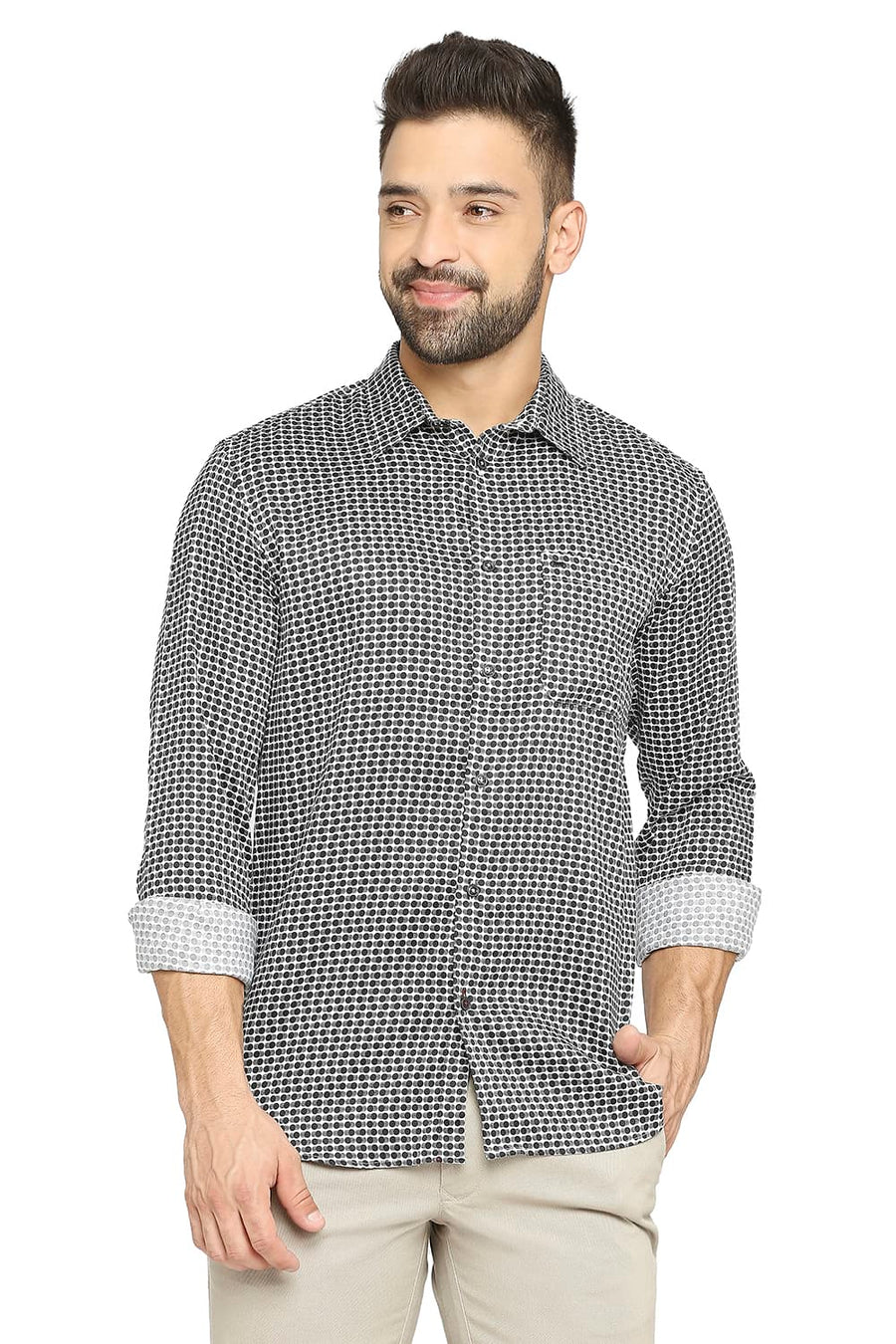BASICS SLIM FIT PEAT BLACK TENCEL PRINTED SHIRT