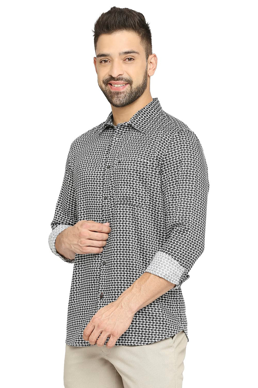 BASICS SLIM FIT PEAT BLACK TENCEL PRINTED SHIRT