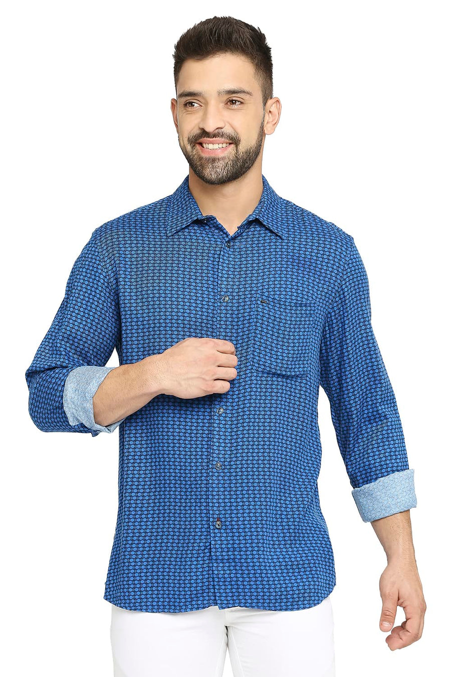 BASICS SLIM FIT IMPERIAL BLUE TENCEL PRINTED SHIRT