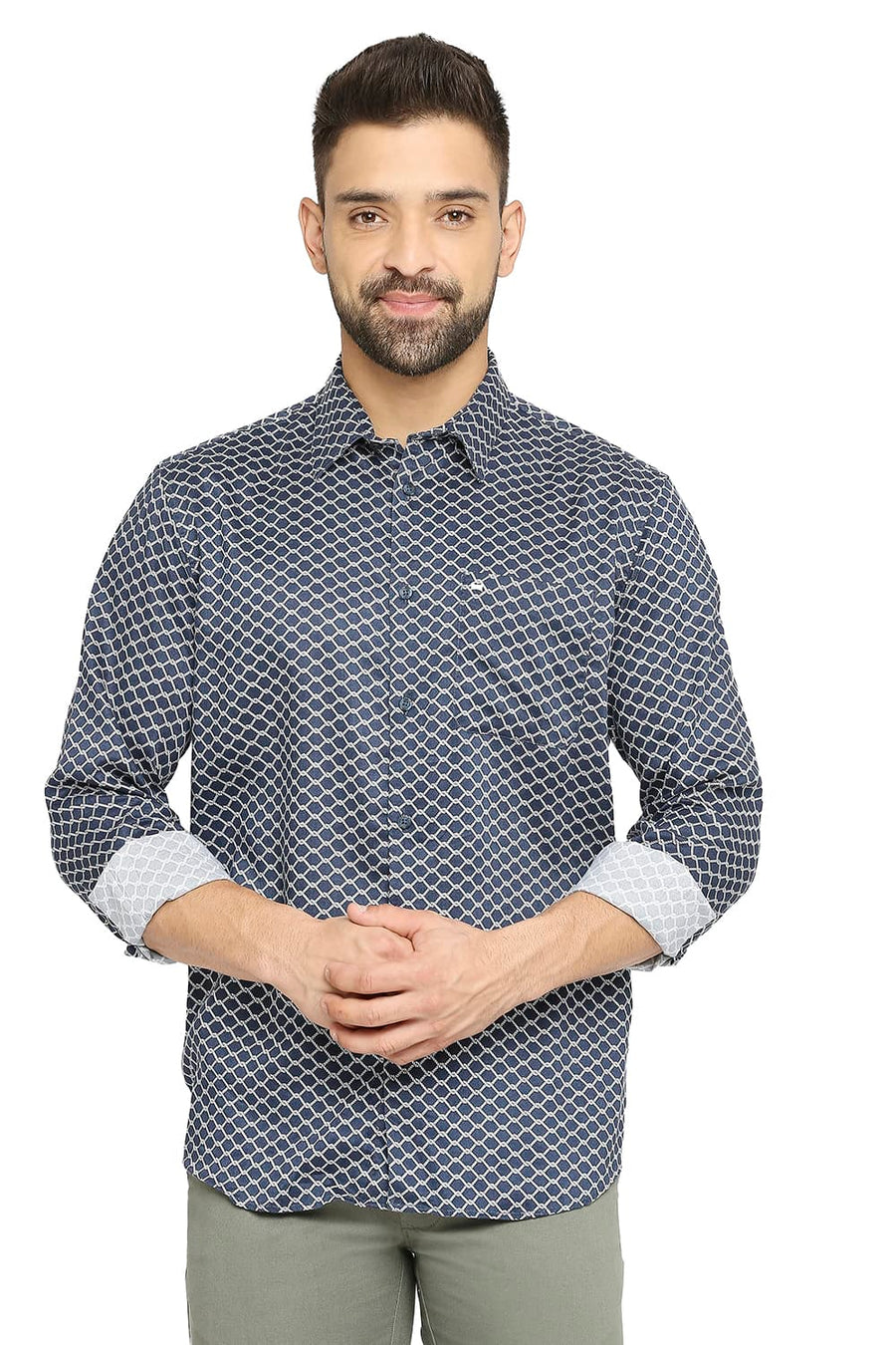BASICS SLIM FIT WING NAVY TENCEL PRINTED SHIRT