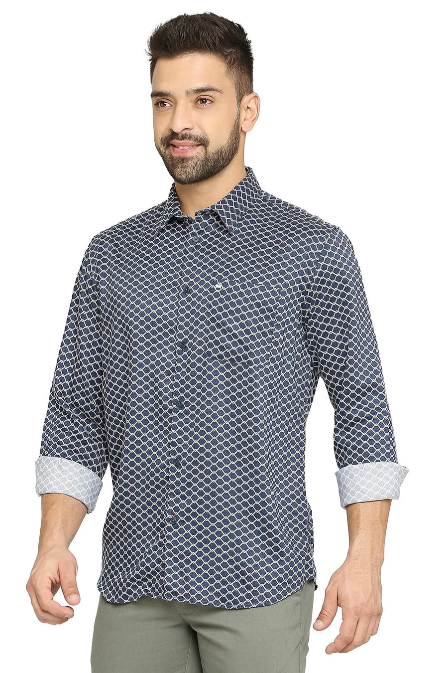 BASICS SLIM FIT WING NAVY TENCEL PRINTED SHIRT