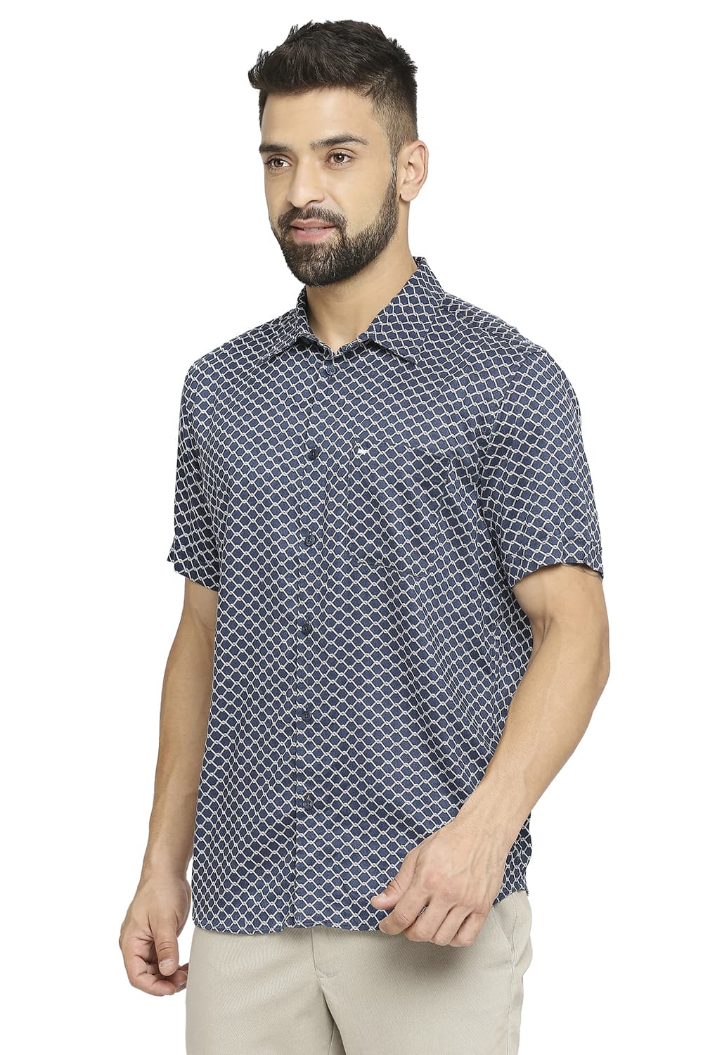 BASICS SLIM FIT TENCEL PRINTED HALFSLEEVES SHIRT